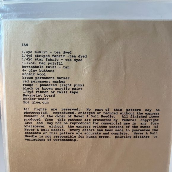 Sam 14 Inch Doll Pattern Never A Dull Needle Jo Gummere Uncut - Picture 5 of 7